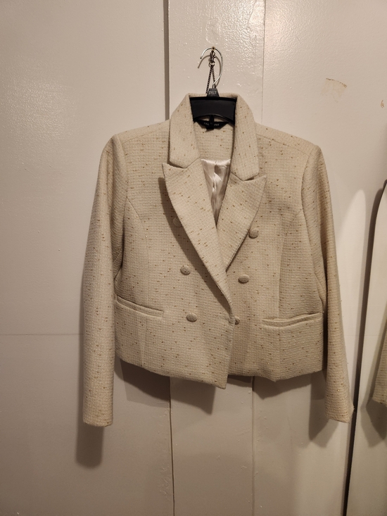Calligraphie Jackets & Blazers - Cropped Double-Breasted Cream Tweed Blazer